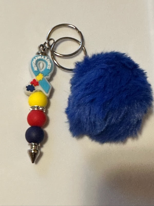 Autism ribbon keycahin with pom pom