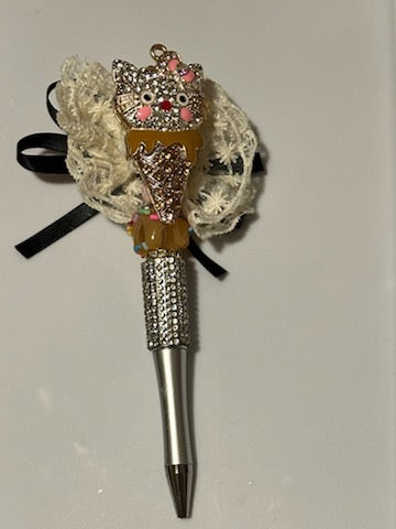 Bling cat ice cream cone pen with bow on the back