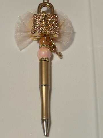 Bling gold and pink lock and key pen