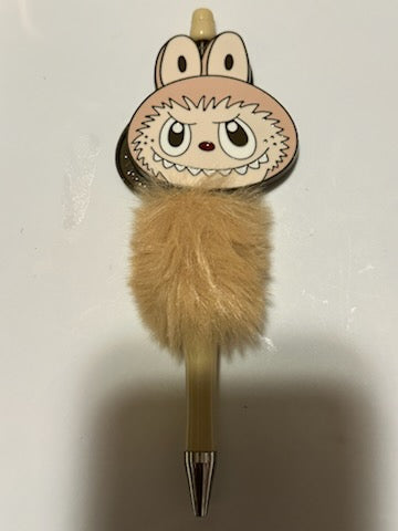 Brown Labubu head on fuzzy pen