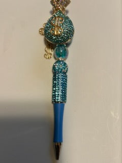 Blue bling money bag pen