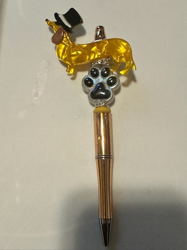 Gold Wiener dog with black hat