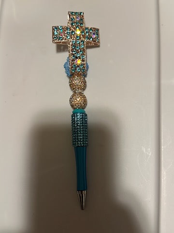 Gold and blue bling cross pen