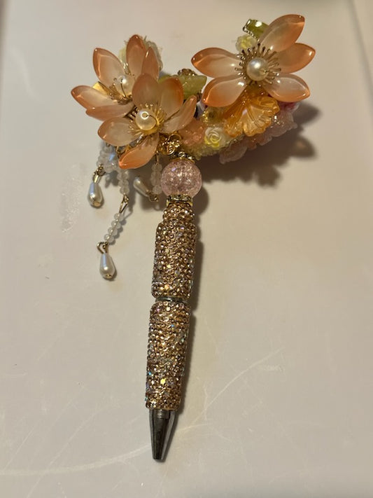 Orange Fancy flower moon on bling rhinestone pen