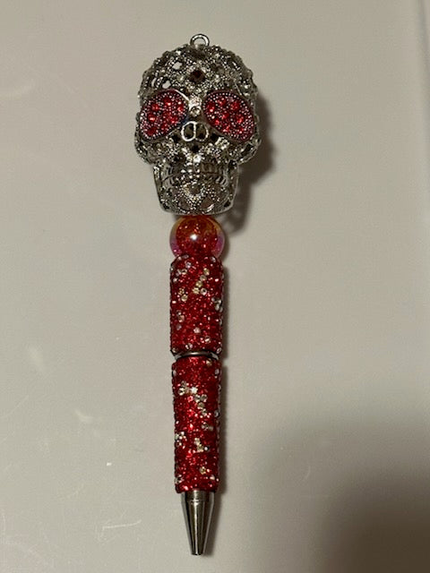 Silver and red skull and red rhinestone pen